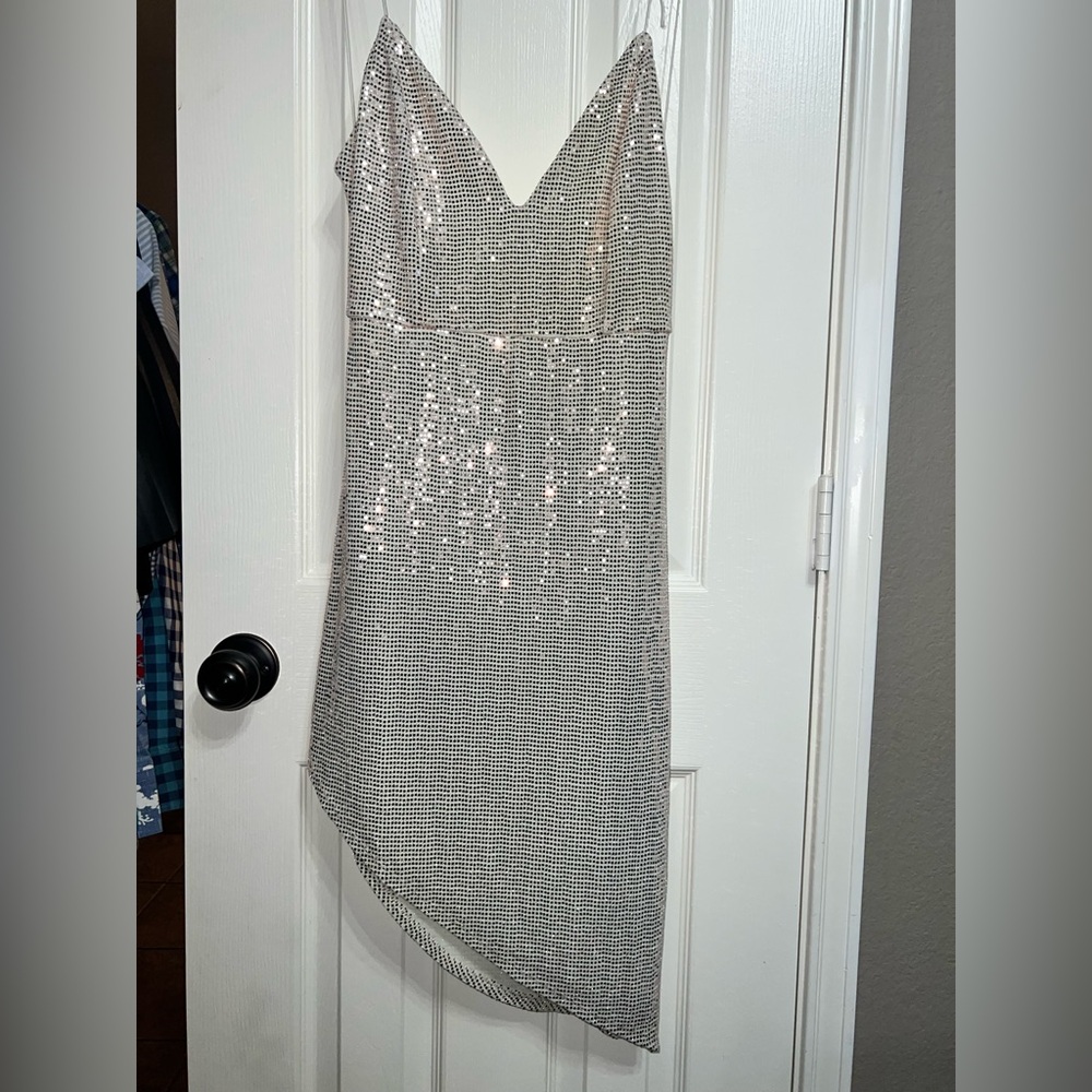 Windsor Silver Sequin Asymmetrical Cocktail Dress